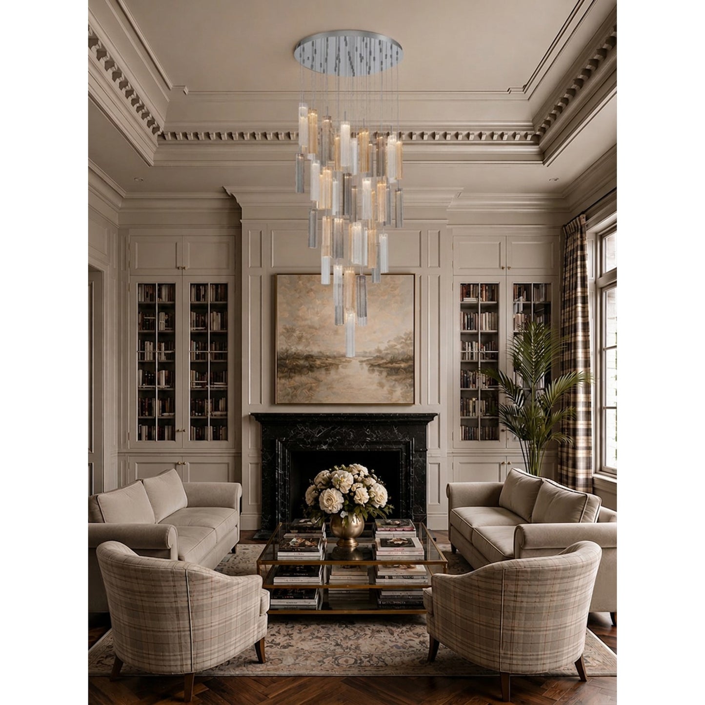 Crystorama Addis 36in 46-Light Pendant | Mid-Century Polished Chrome and Autumn Tronchi Glass | Entryway & Dining Room | 36 x 36 x 21 in | Model ADD-423-CH-AU