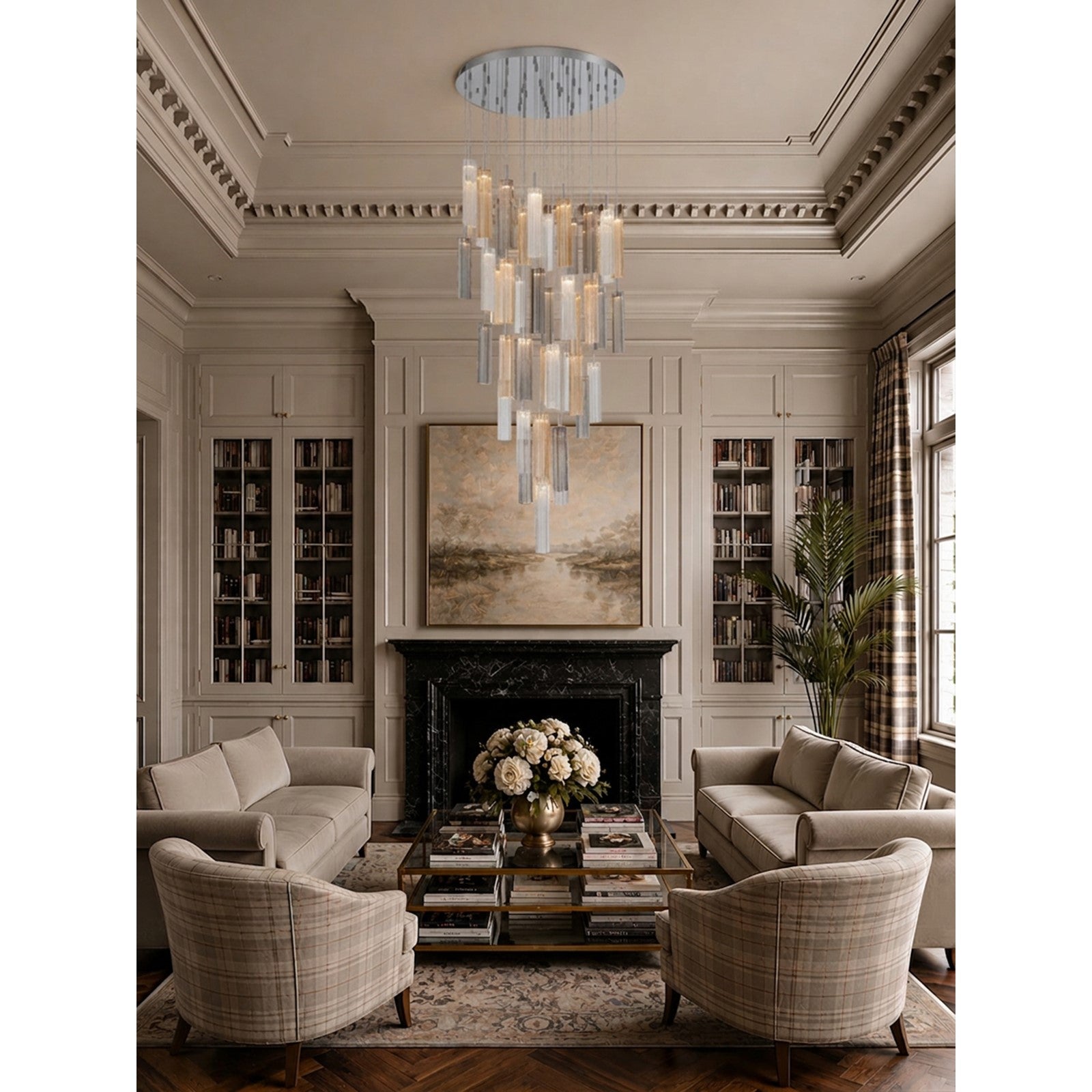 Crystorama Addis 36in 46-Light Pendant | Mid-Century Polished Chrome and Autumn Tronchi Glass | Entryway & Dining Room | 36 x 36 x 21 in | Model ADD-423-CH-AU