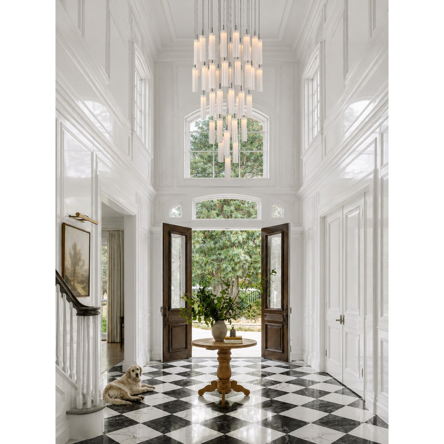 Crystorama Addis 36in 46-Light LED Pendant | Mid-Century Polished Chrome and White Tronchi Glass | Entryway & Dining Room | 36 x 36 x 21 in | Model ADD-423-CH-WH