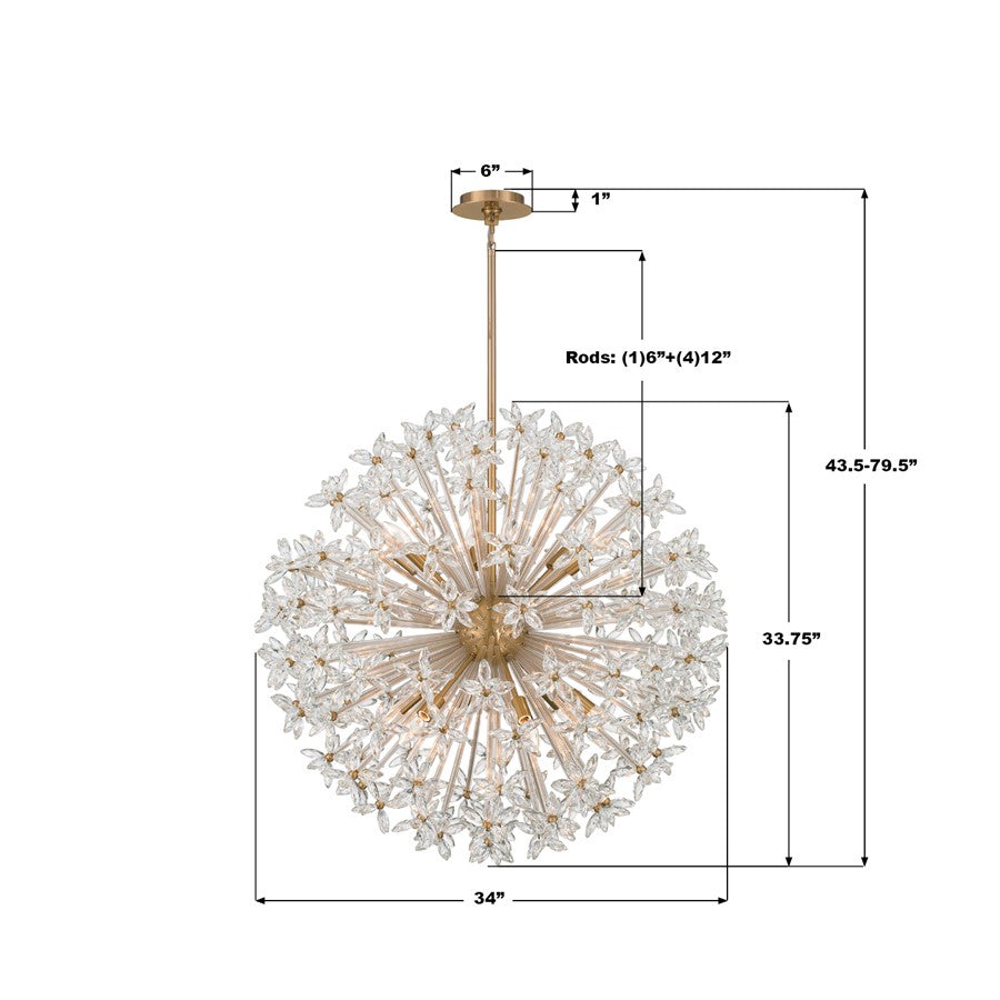 Crystorama Adley 12 Light 34" Chandelier, Aged Brass/Clear