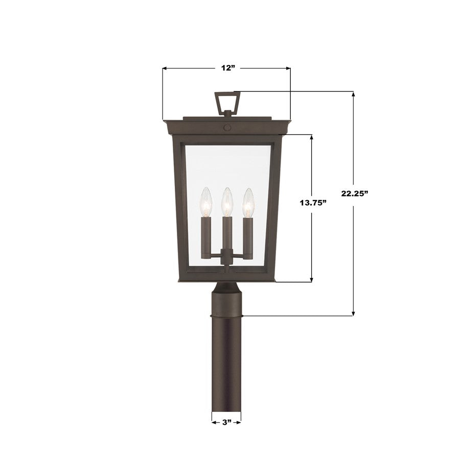 Crystorama Belmont 3 Lt 12" Outdoor Post Light, Twilight Bronze