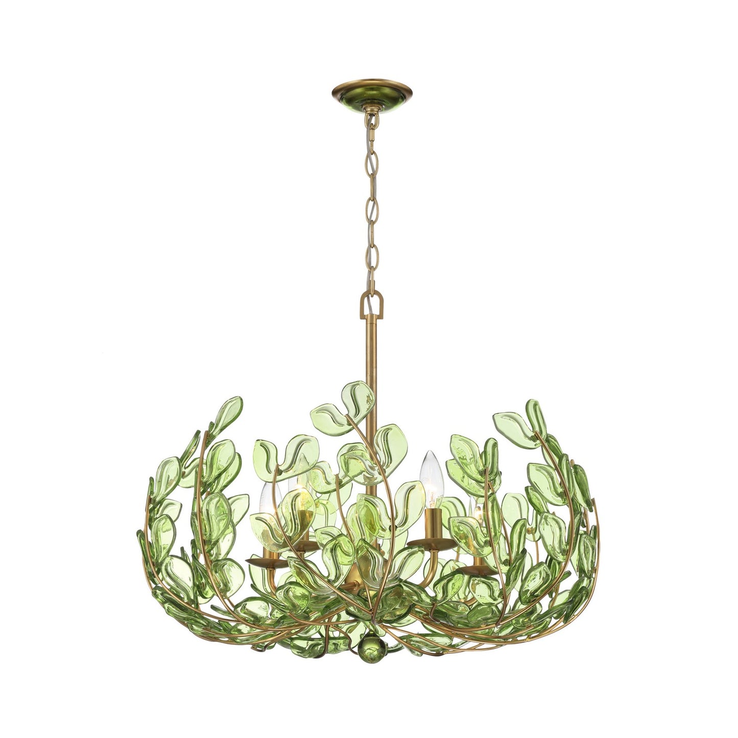 Crystorama Bridget 23.5in 5-Light Chandelier | Coastal Soft Gold Steel and Green Floral Glass | Dining Room & Entryway | 23.5 x 23.5 x 20 in | Model BGT-336-SG-GR