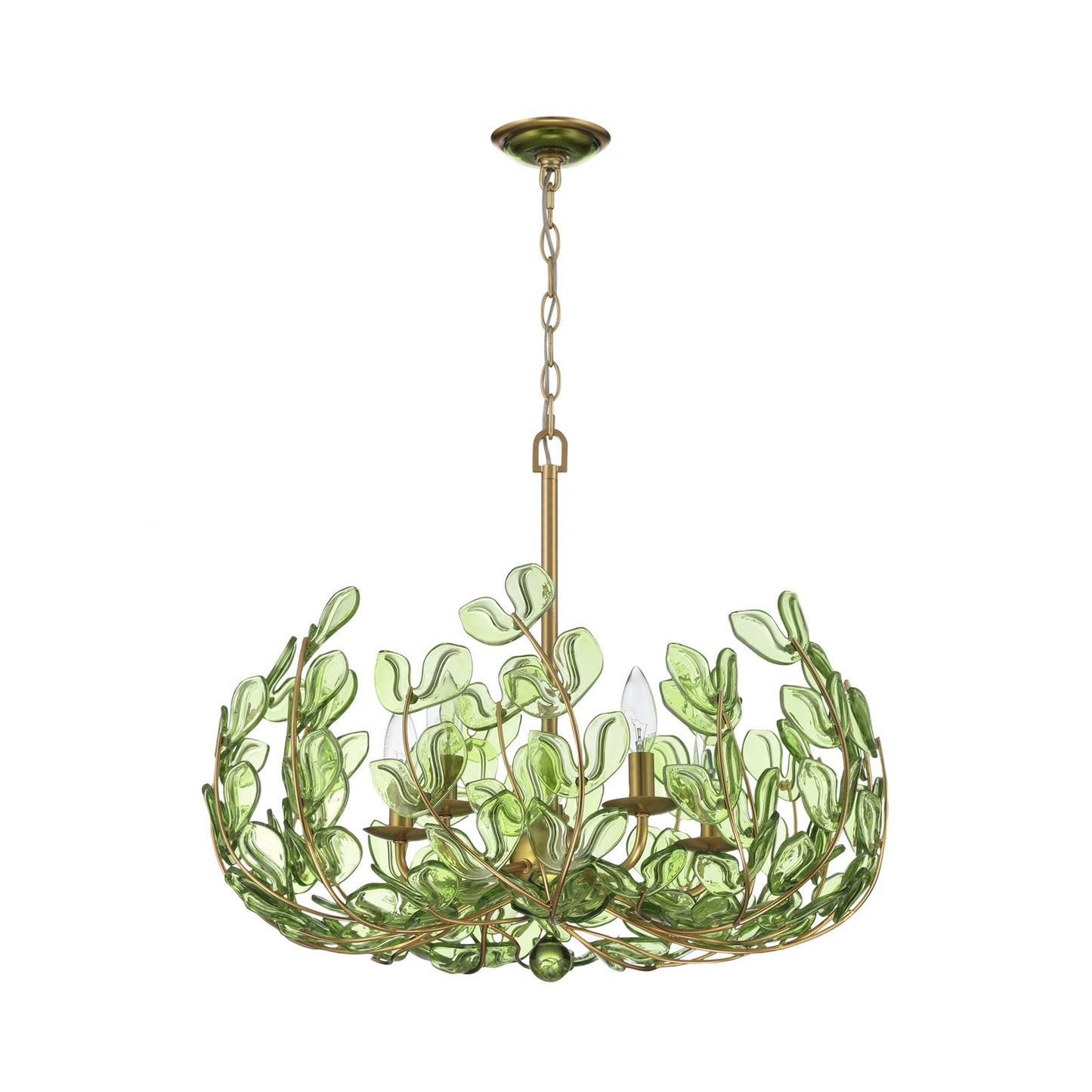 Crystorama Bridget 23.5in 5-Light Chandelier | Coastal Soft Gold Steel and Green Floral Glass | Dining Room & Entryway | 23.5 x 23.5 x 20 in | Model BGT-336-SG-GR