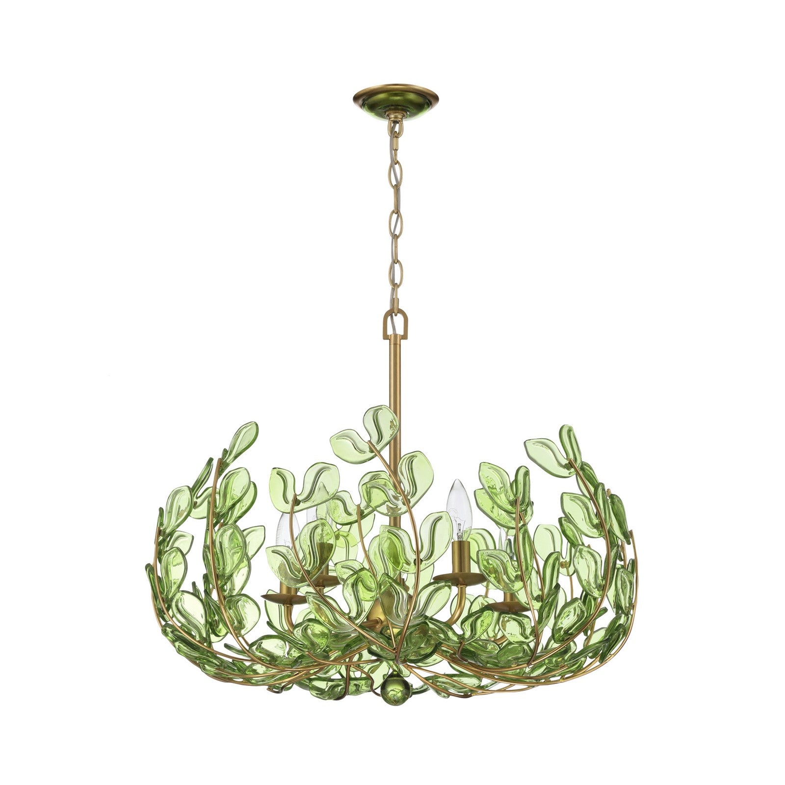 Crystorama Bridget 23.5in 5-Light Chandelier | Coastal Soft Gold Steel and Green Floral Glass | Dining Room & Entryway | 23.5 x 23.5 x 20 in | Model BGT-336-SG-GR