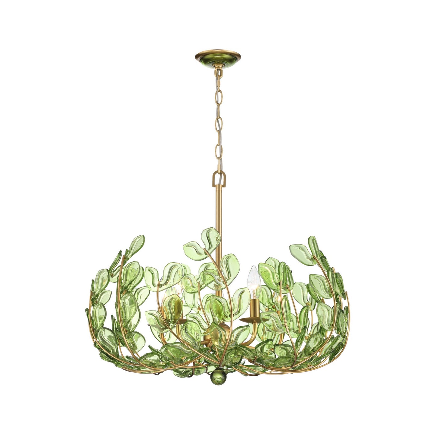 Crystorama Bridget 23.5in 5-Light Chandelier | Coastal Soft Gold Steel and Green Floral Glass | Dining Room & Entryway | 23.5 x 23.5 x 20 in | Model BGT-336-SG-GR