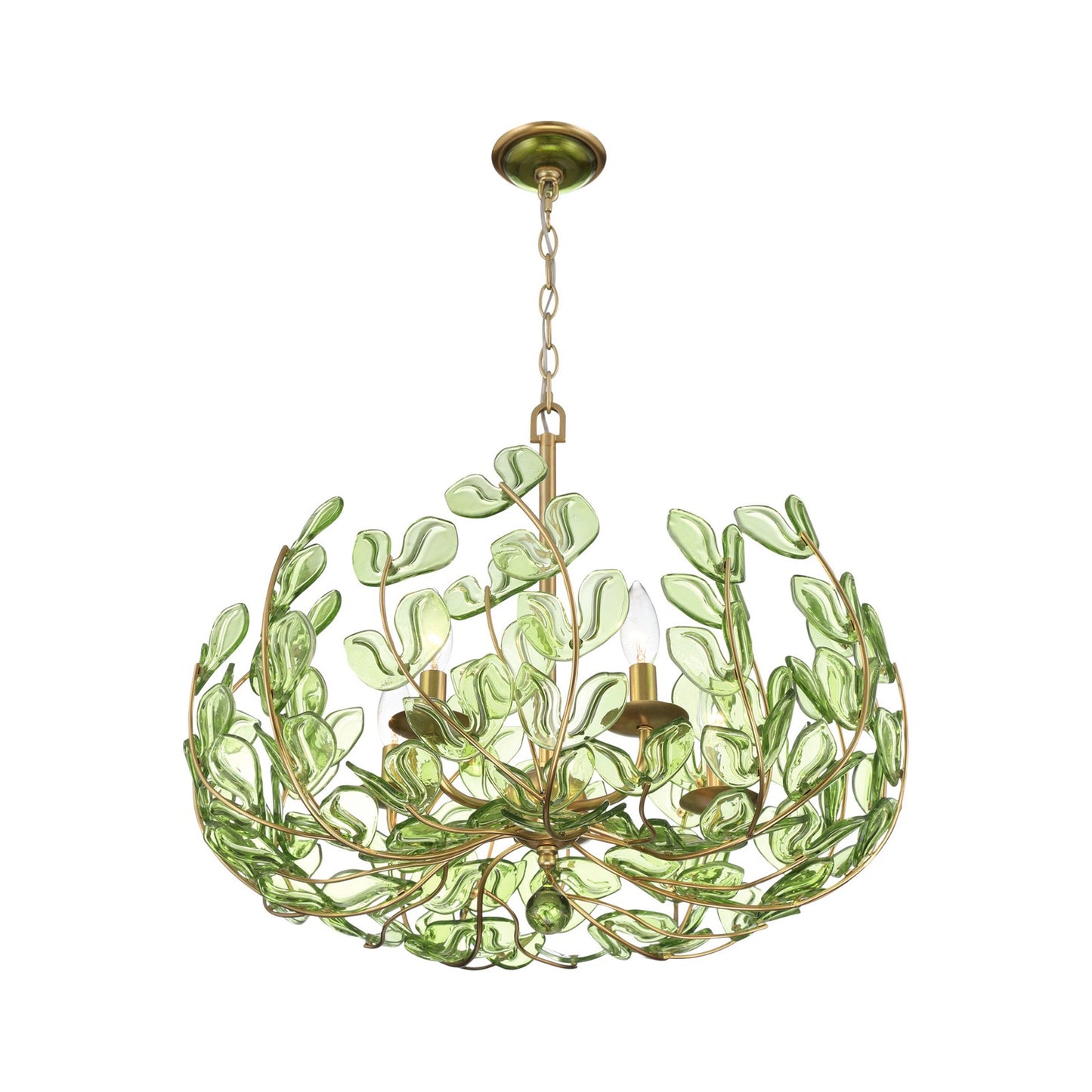 Crystorama Bridget 23.5in 5-Light Chandelier | Coastal Soft Gold Steel and Green Floral Glass | Dining Room & Entryway | 23.5 x 23.5 x 20 in | Model BGT-336-SG-GR