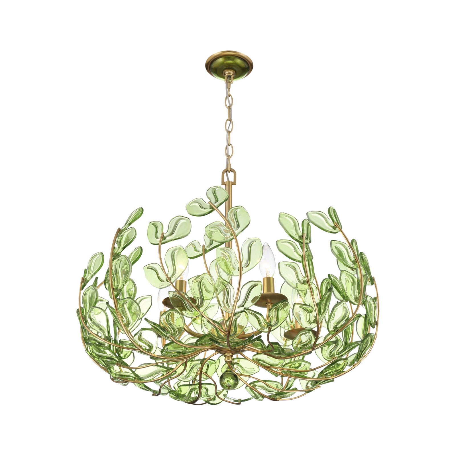 Crystorama Bridget 23.5in 5-Light Chandelier | Coastal Soft Gold Steel and Green Floral Glass | Dining Room & Entryway | 23.5 x 23.5 x 20 in | Model BGT-336-SG-GR