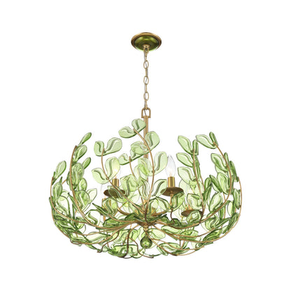 Crystorama Bridget 23.5in 5-Light Chandelier | Coastal Soft Gold Steel and Green Floral Glass | Dining Room & Entryway | 23.5 x 23.5 x 20 in | Model BGT-336-SG-GR