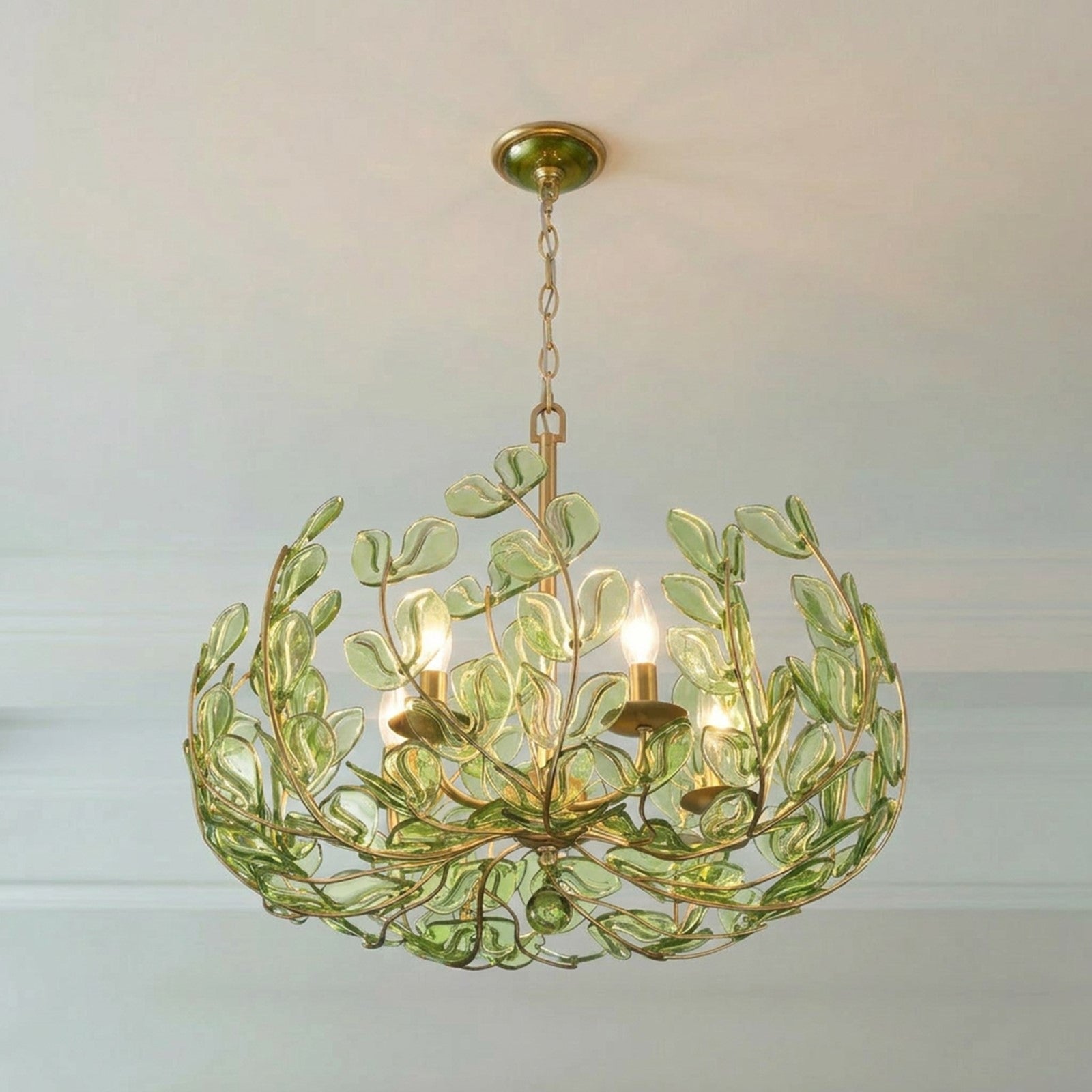 Crystorama Bridget 23.5in 5-Light Chandelier | Coastal Soft Gold Steel and Green Floral Glass | Dining Room & Entryway | 23.5 x 23.5 x 20 in | Model BGT-336-SG-GR