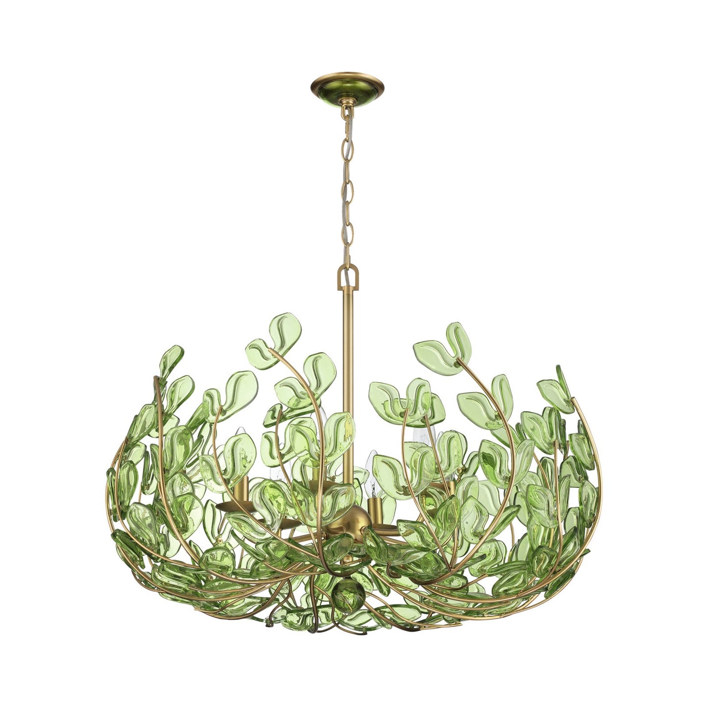 Crystorama Bridget 28.25in 6-Light Chandelier | Coastal Soft Gold Steel and Green Floral Glass | Dining Room & Entryway | 28.25 x 28.25 x 20.5 in | Model BGT-338-SG-GR