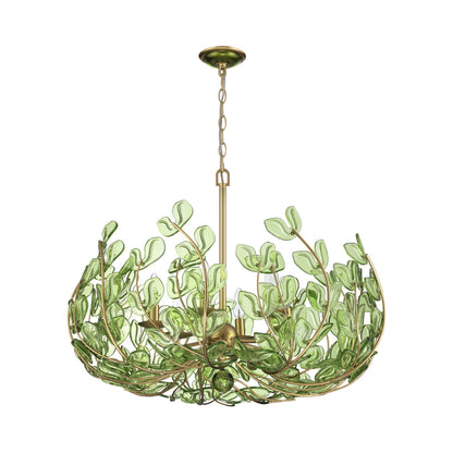 Crystorama Bridget 28.25in 6-Light Chandelier | Coastal Soft Gold Steel and Green Floral Glass | Dining Room & Entryway | 28.25 x 28.25 x 20.5 in | Model BGT-338-SG-GR