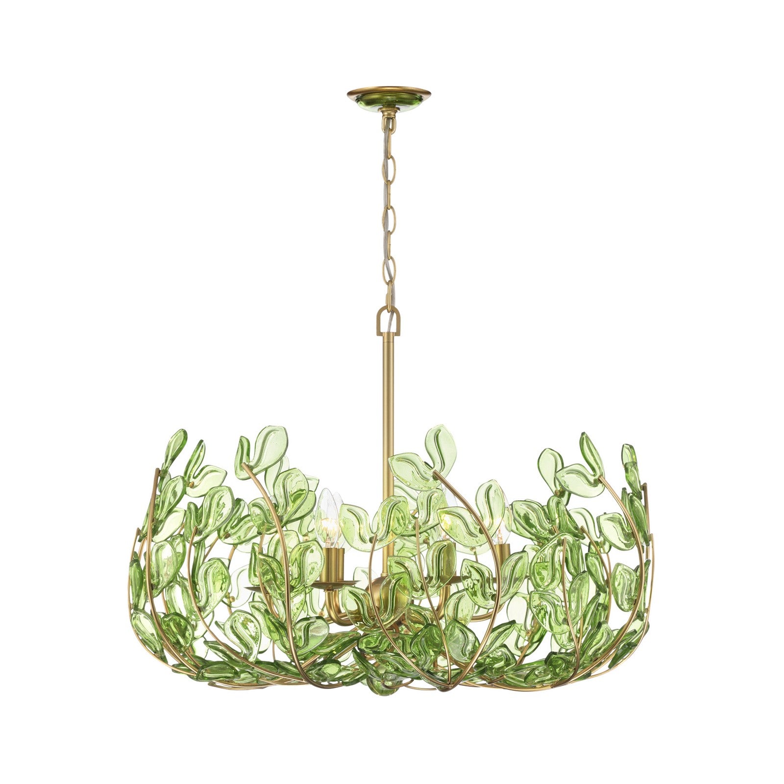 Crystorama Bridget 28.25in 6-Light Chandelier | Coastal Soft Gold Steel and Green Floral Glass | Dining Room & Entryway | 28.25 x 28.25 x 20.5 in | Model BGT-338-SG-GR