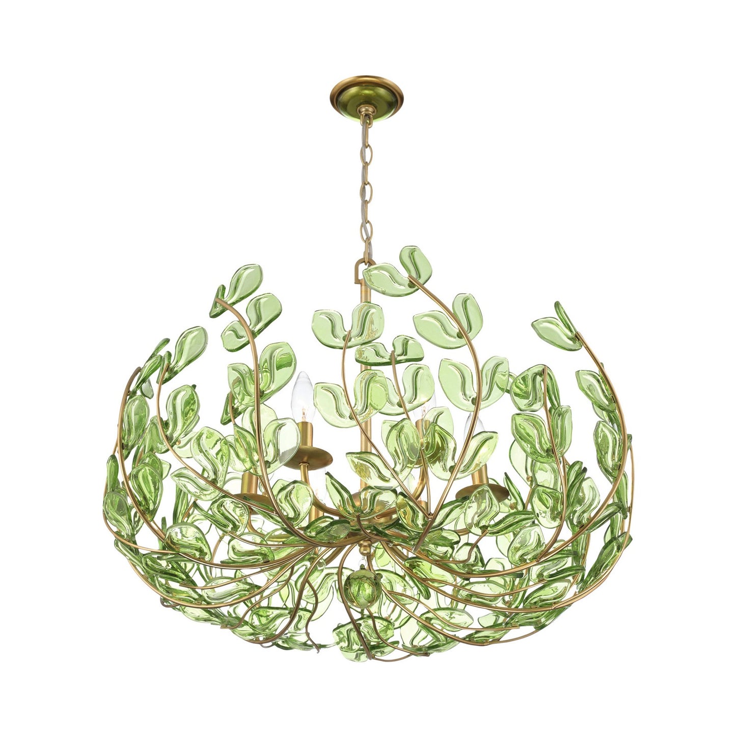 Crystorama Bridget 28.25in 6-Light Chandelier | Coastal Soft Gold Steel and Green Floral Glass | Dining Room & Entryway | 28.25 x 28.25 x 20.5 in | Model BGT-338-SG-GR