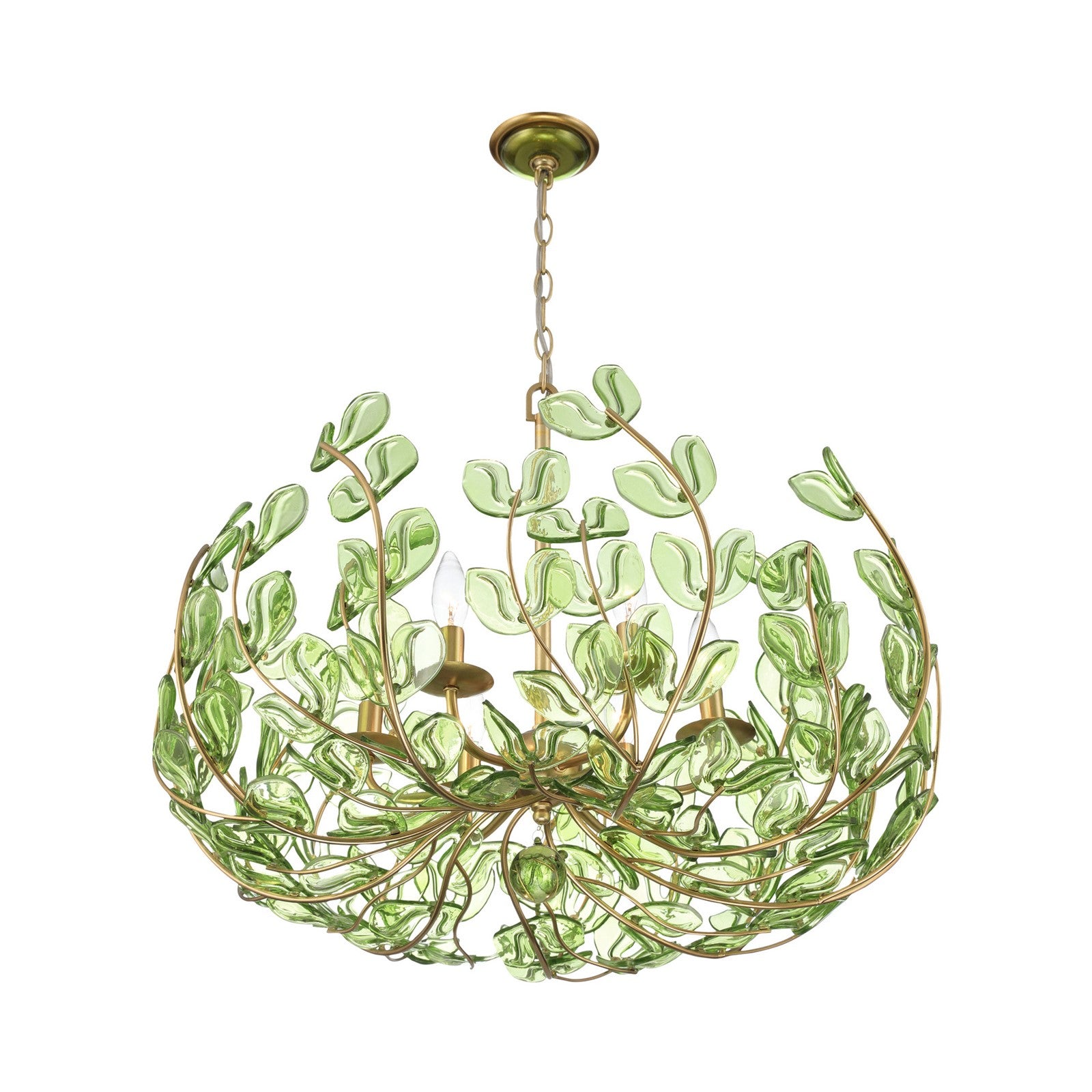 Crystorama Bridget 28.25in 6-Light Chandelier | Coastal Soft Gold Steel and Green Floral Glass | Dining Room & Entryway | 28.25 x 28.25 x 20.5 in | Model BGT-338-SG-GR