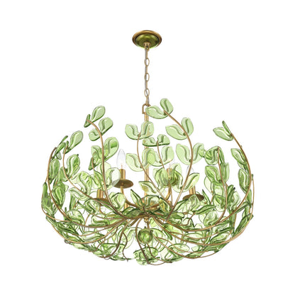 Crystorama Bridget 28.25in 6-Light Chandelier | Coastal Soft Gold Steel and Green Floral Glass | Dining Room & Entryway | 28.25 x 28.25 x 20.5 in | Model BGT-338-SG-GR
