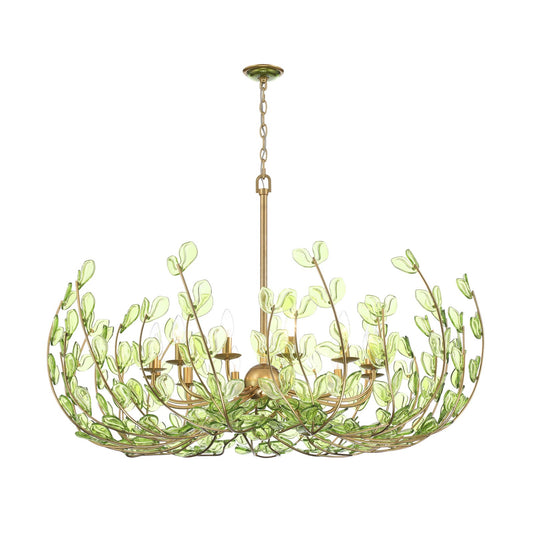 Crystorama Bridget 42in 12-Light Chandelier | Coastal Soft Gold Steel and Green Floral Glass | Dining Room & Entryway | 42 x 42 x 27.5 in | Model BGT-339-SG-GR