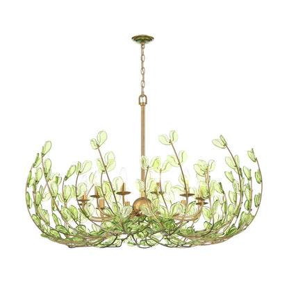 Crystorama Bridget 42in 12-Light Chandelier | Coastal Soft Gold Steel and Green Floral Glass | Dining Room & Entryway | 42 x 42 x 27.5 in | Model BGT-339-SG-GR
