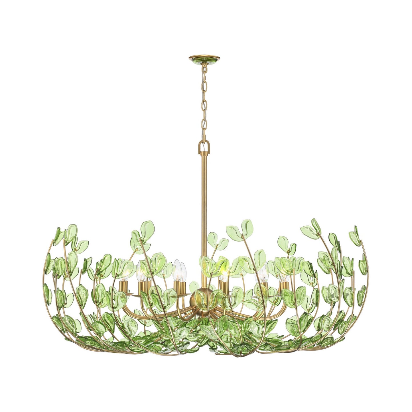 Crystorama Bridget 42in 12-Light Chandelier | Coastal Soft Gold Steel and Green Floral Glass | Dining Room & Entryway | 42 x 42 x 27.5 in | Model BGT-339-SG-GR