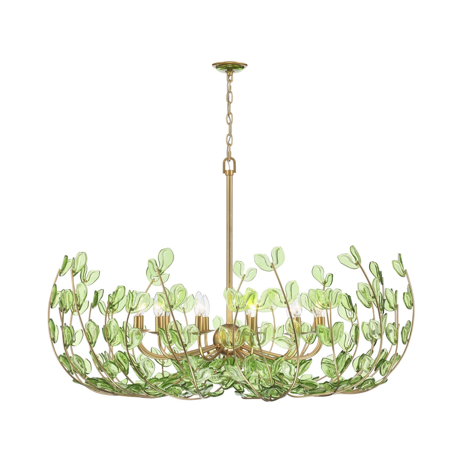 Crystorama Bridget 42in 12-Light Chandelier | Coastal Soft Gold Steel and Green Floral Glass | Dining Room & Entryway | 42 x 42 x 27.5 in | Model BGT-339-SG-GR