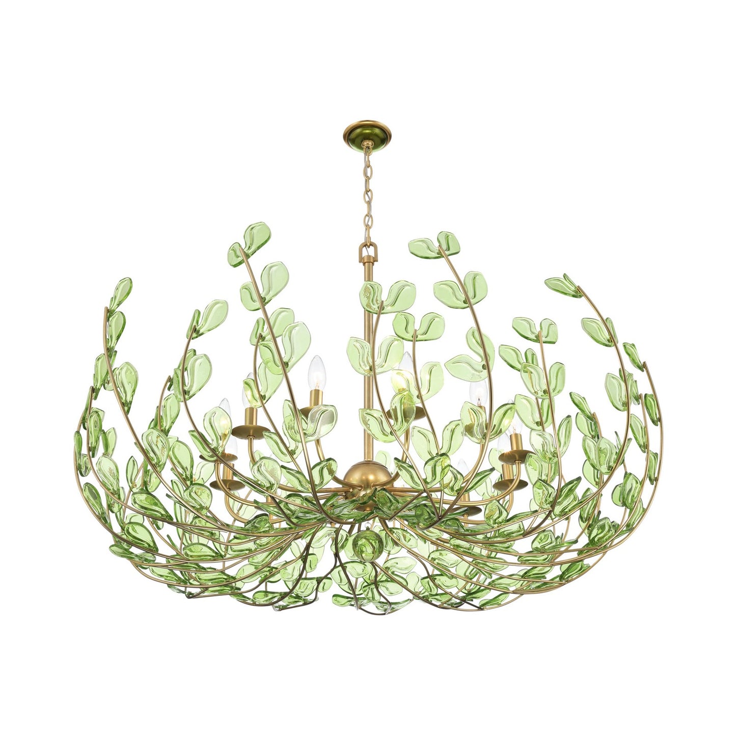 Crystorama Bridget 42in 12-Light Chandelier | Coastal Soft Gold Steel and Green Floral Glass | Dining Room & Entryway | 42 x 42 x 27.5 in | Model BGT-339-SG-GR