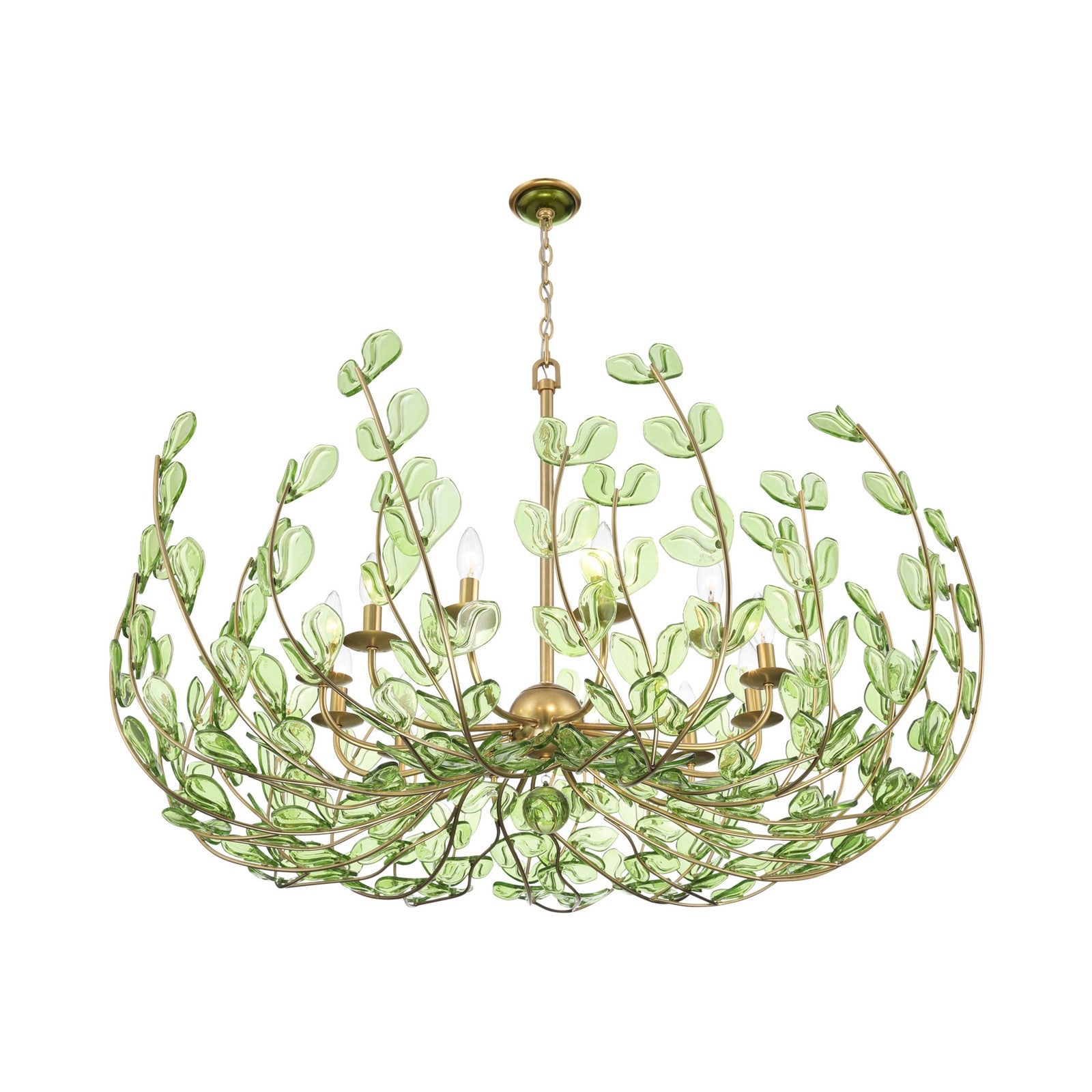 Crystorama Bridget 42in 12-Light Chandelier | Coastal Soft Gold Steel and Green Floral Glass | Dining Room & Entryway | 42 x 42 x 27.5 in | Model BGT-339-SG-GR