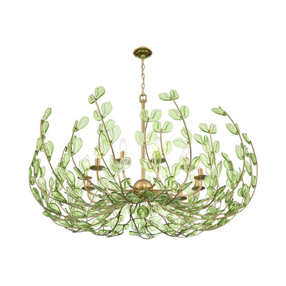 Crystorama Bridget 42in 12-Light Chandelier | Coastal Soft Gold Steel and Green Floral Glass | Dining Room & Entryway | 42 x 42 x 27.5 in | Model BGT-339-SG-GR