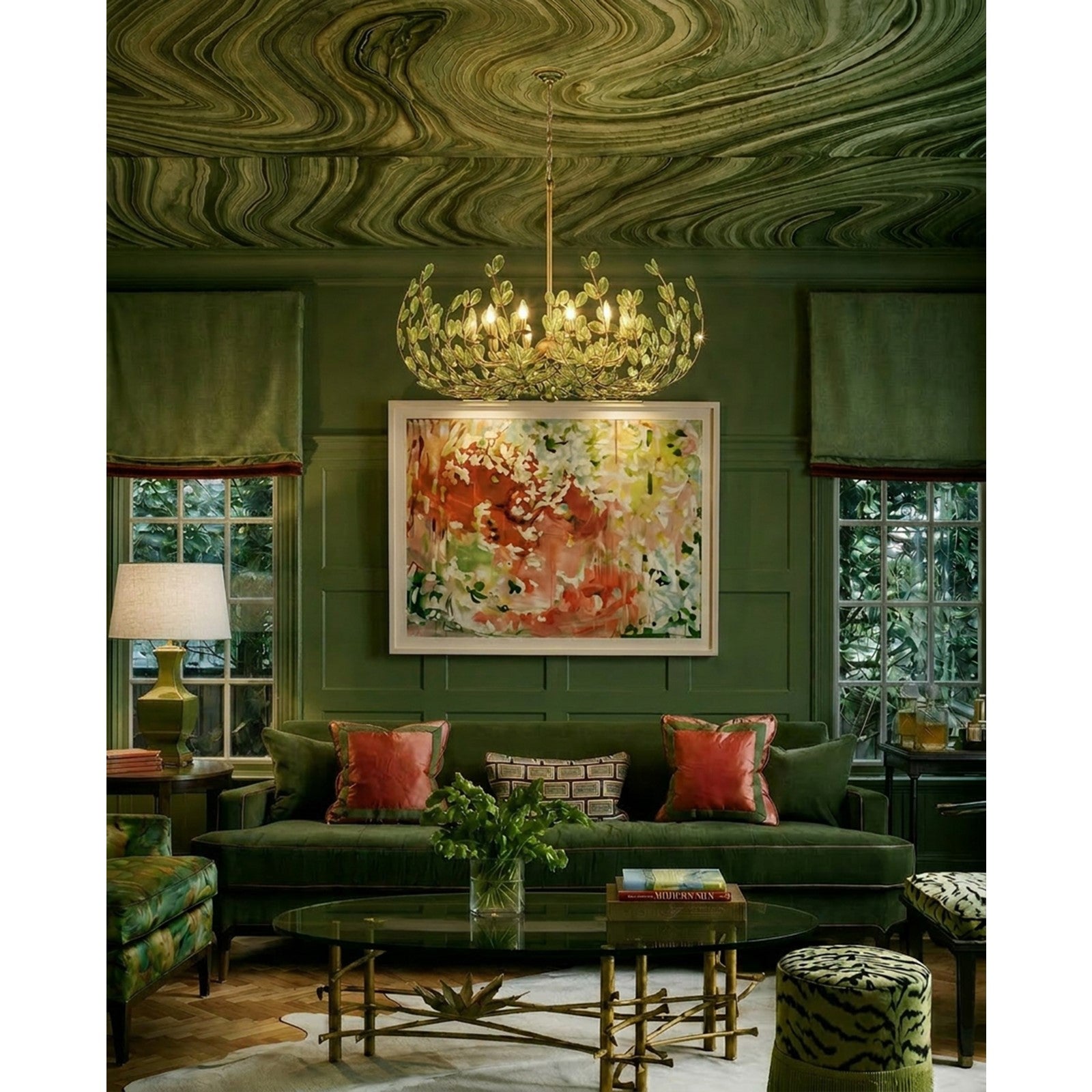 Crystorama Bridget 42in 12-Light Chandelier | Coastal Soft Gold Steel and Green Floral Glass | Dining Room & Entryway | 42 x 42 x 27.5 in | Model BGT-339-SG-GR