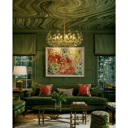 Crystorama Bridget 42in 12-Light Chandelier | Coastal Soft Gold Steel and Green Floral Glass | Dining Room & Entryway | 42 x 42 x 27.5 in | Model BGT-339-SG-GR