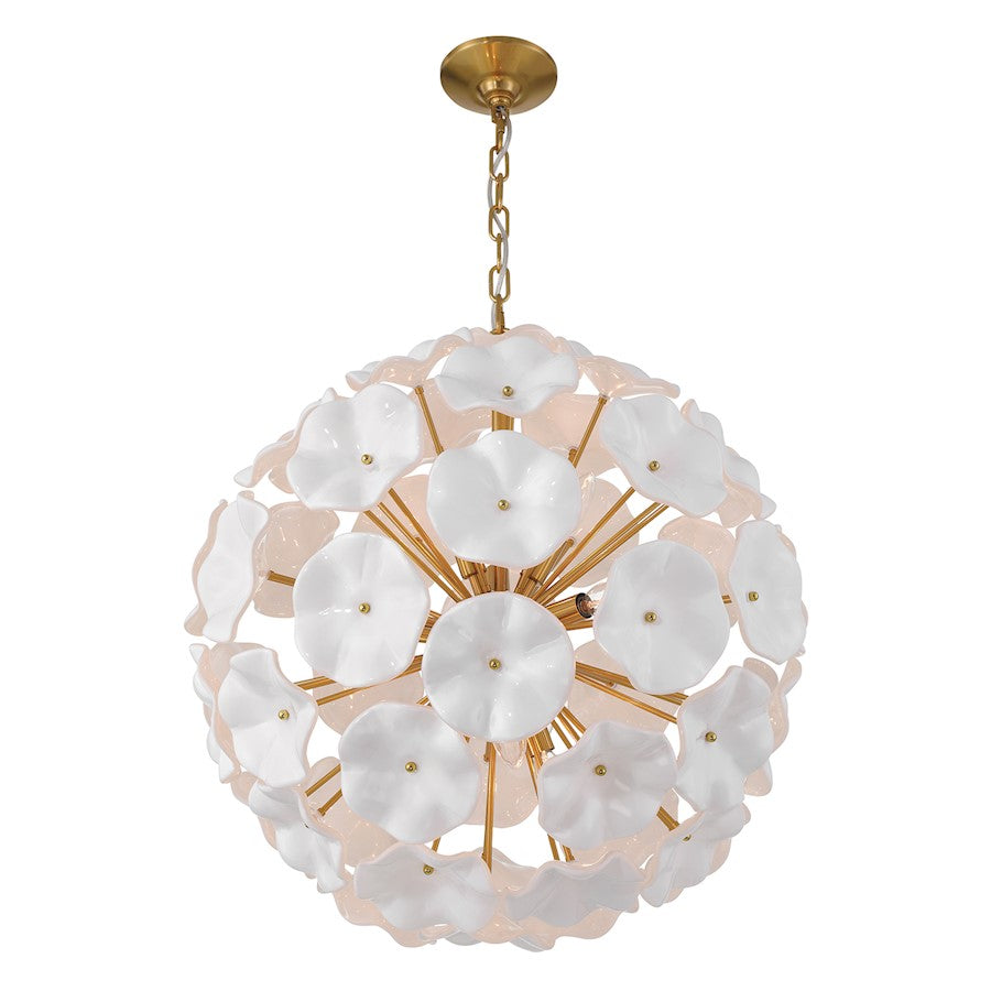 Crystorama Esme 9Lt Pendant, Brass/Floral Glass Petals White