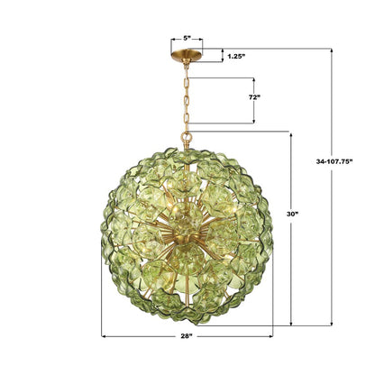 Crystorama Esme 12 Light 28" Chandelier, Aged Brass/Green