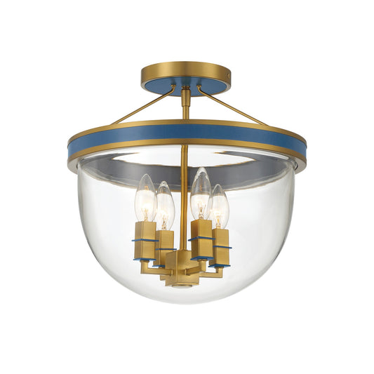 Crystorama Herrick 13in 4-Light Semi-Flush Mount | Contemporary Luxe Gold and Navy Steel with Clear Glass | Entryway & Hallway Ceiling Light | Model HRK-2500-LG-NY