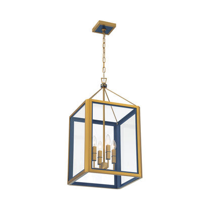 Crystorama Herrick 15in 4-Light Chandelier | Contemporary Luxe Gold and Navy Steel with Clear Glass | Kitchen Island & Dining Room Pendant | Model HRK-2505-LG-NY