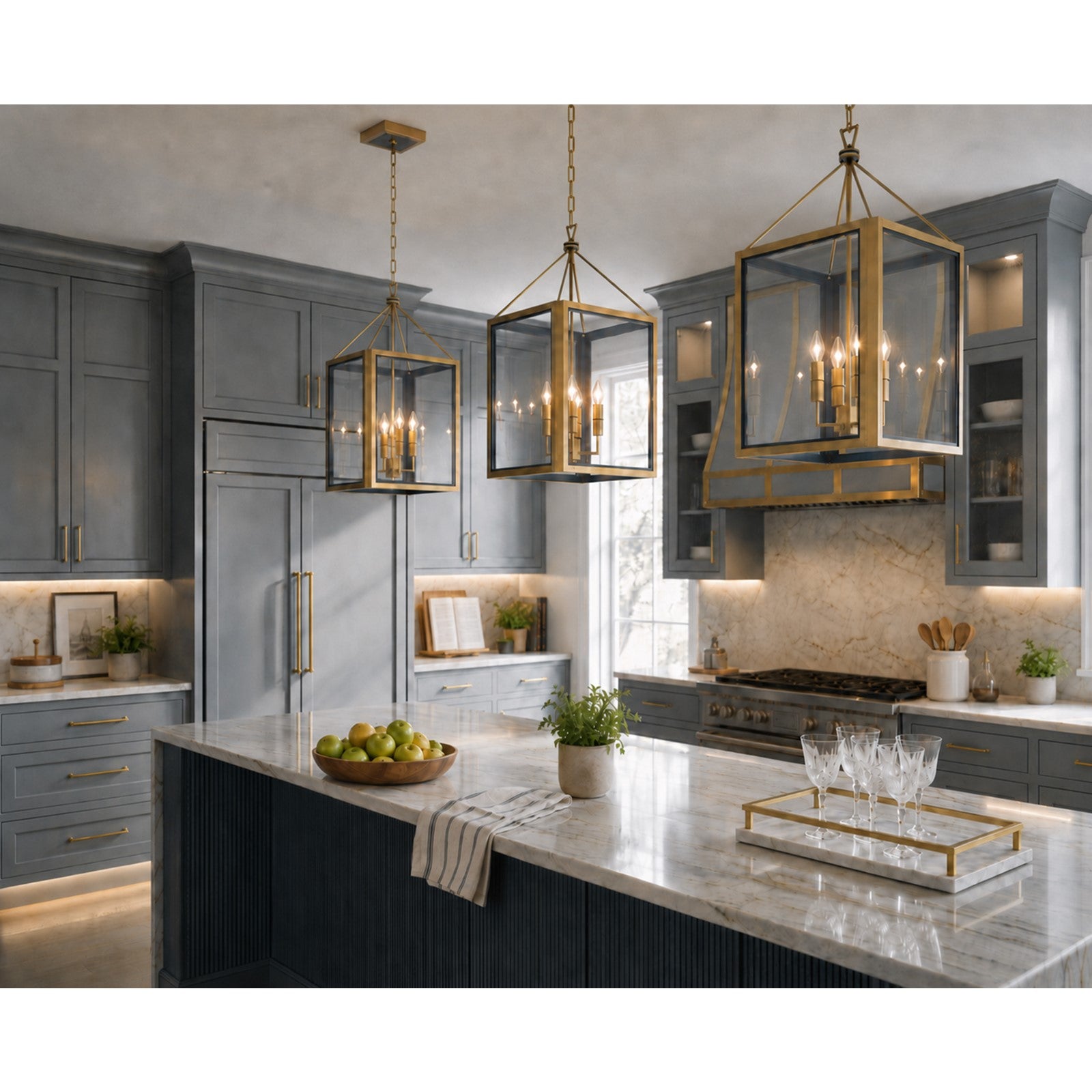 Crystorama Herrick 15in 4-Light Chandelier | Contemporary Luxe Gold and Navy Steel with Clear Glass | Kitchen Island & Dining Room Pendant | Model HRK-2505-LG-NY