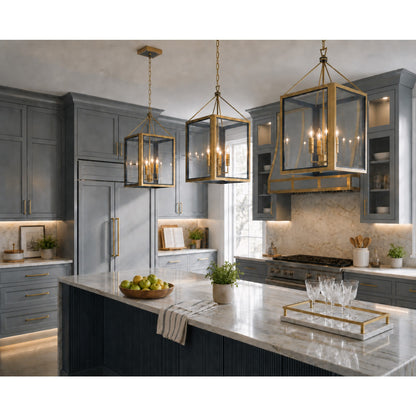 Crystorama Herrick 15in 4-Light Chandelier | Contemporary Luxe Gold and Navy Steel with Clear Glass | Kitchen Island & Dining Room Pendant | Model HRK-2505-LG-NY