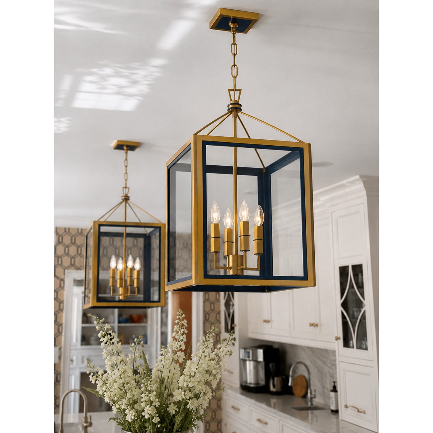 Crystorama Herrick 18in 4-Light Chandelier | Contemporary Luxe Gold and Navy Steel with Clear Glass | Kitchen Island & Dining Room Pendant | Model HRK-2508-LG-NY