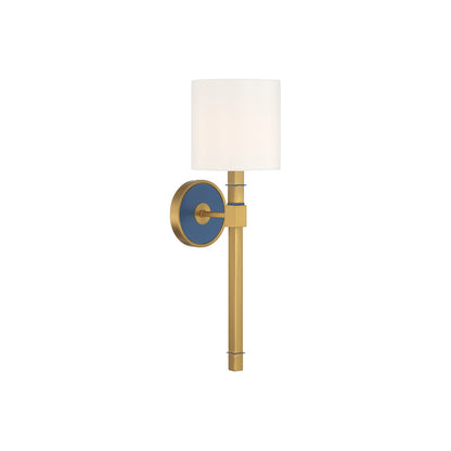 Crystorama Herrick 6.25in 1-Light Wall Sconce | Contemporary Luxe Gold and Navy Steel with White Fabric Shade | Bedroom & Hallway Accent | Model HRK-2511-LG-NY