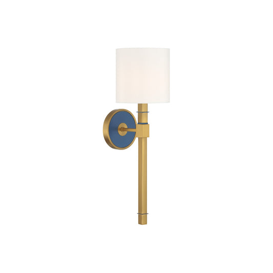 Crystorama Herrick 6.25in 1-Light Wall Sconce | Contemporary Luxe Gold and Navy Steel with White Fabric Shade | Bedroom & Hallway Accent | Model HRK-2511-LG-NY