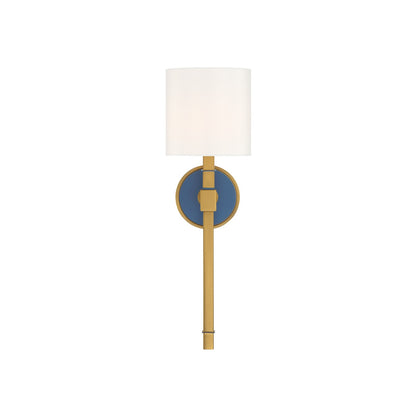 Crystorama Herrick 6.25in 1-Light Wall Sconce | Contemporary Luxe Gold and Navy Steel with White Fabric Shade | Bedroom & Hallway Accent | Model HRK-2511-LG-NY