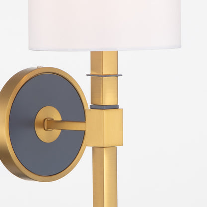 Crystorama Herrick 6.25in 1-Light Wall Sconce | Contemporary Luxe Gold and Navy Steel with White Fabric Shade | Bedroom & Hallway Accent | Model HRK-2511-LG-NY