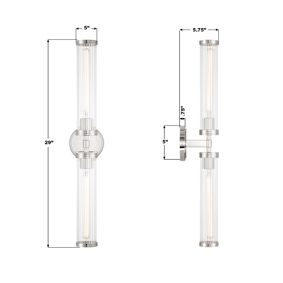 Crystorama Jarvis 2 Light 29" Sconce, Polished Nickel/Clear