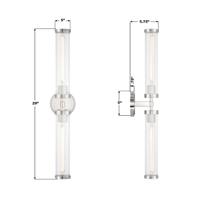 Crystorama Jarvis 2 Light 29" Sconce, Polished Nickel/Clear