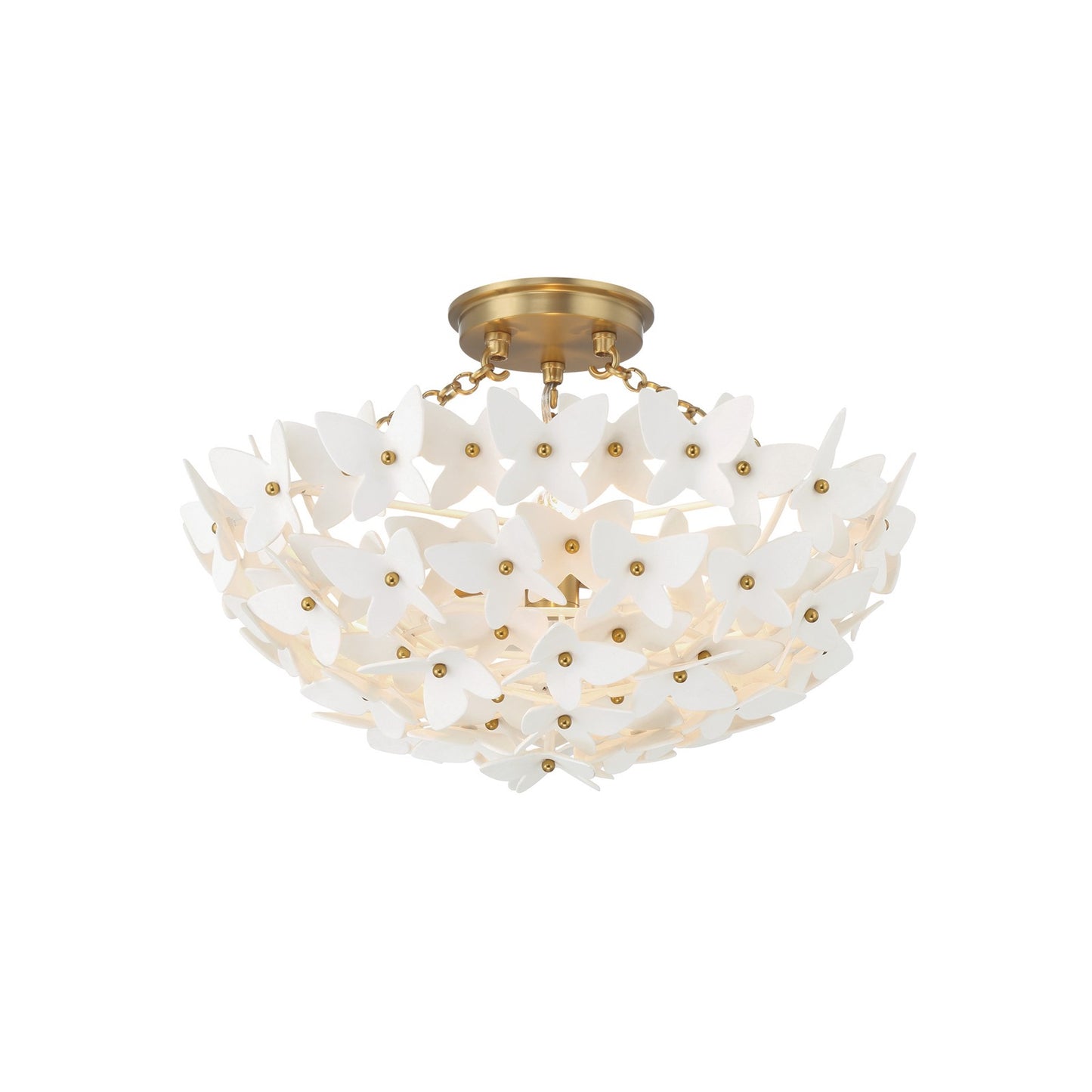 Crystorama Killian 17.25in 3-Light Semi-Flush Mount | Coastal Luxe Gold Steel and White Ceramic Butterfly | Bedroom & Bathroom Ceiling Light | Model KLN-5200-LG