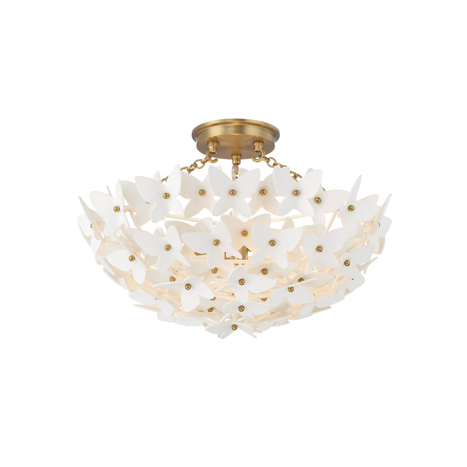 Crystorama Killian 17.25in 3-Light Semi-Flush Mount | Coastal Luxe Gold Steel and White Ceramic Butterfly | Bedroom & Bathroom Ceiling Light | Model KLN-5200-LG
