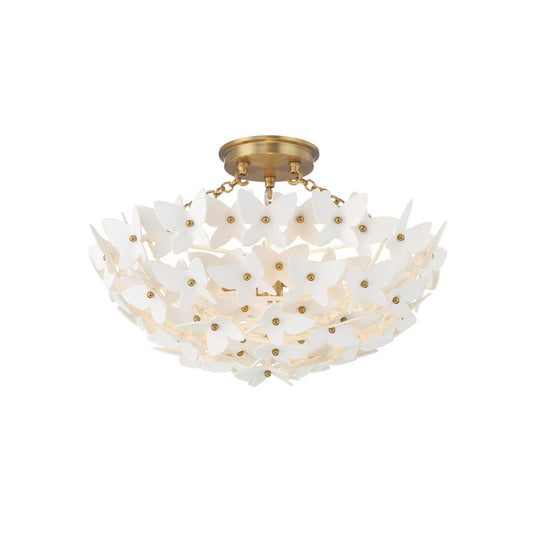 Crystorama Killian 17.25in 3-Light Semi-Flush Mount | Coastal Luxe Gold Steel and White Ceramic Butterfly | Bedroom & Bathroom Ceiling Light | Model KLN-5200-LG
