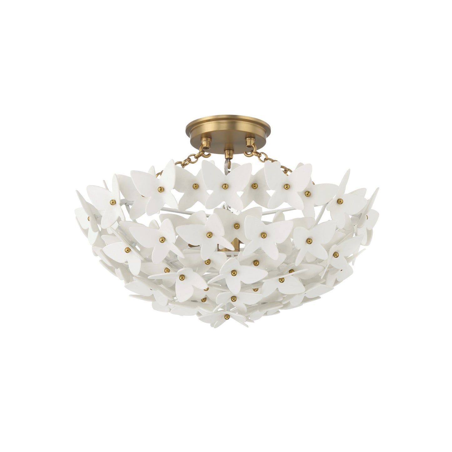 Crystorama Killian 17.25in 3-Light Semi-Flush Mount | Coastal Luxe Gold Steel and White Ceramic Butterfly | Bedroom & Bathroom Ceiling Light | Model KLN-5200-LG