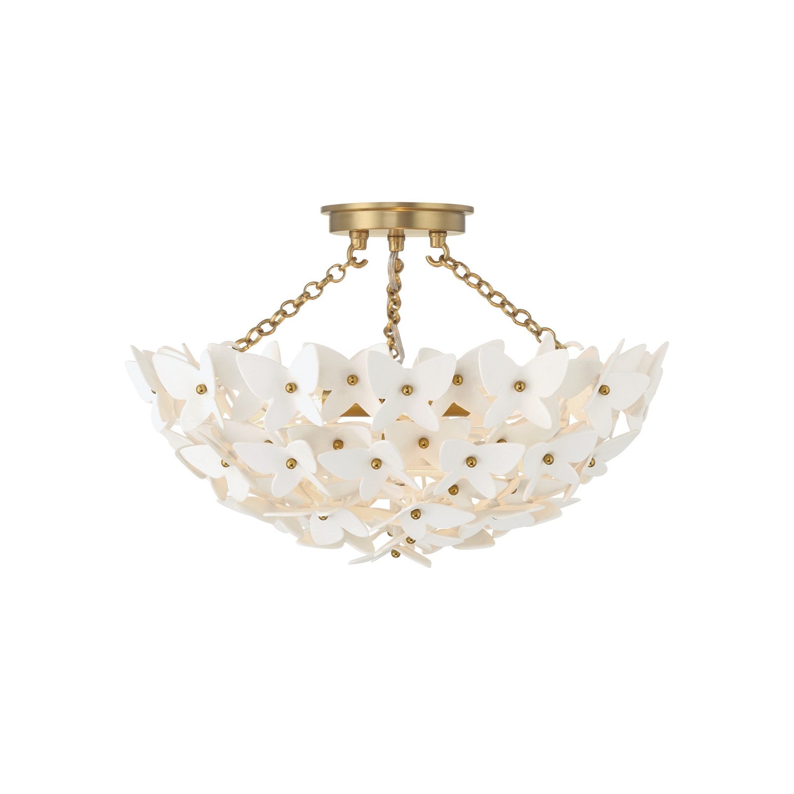 Crystorama Killian 17.25in 3-Light Semi-Flush Mount | Coastal Luxe Gold Steel and White Ceramic Butterfly | Bedroom & Bathroom Ceiling Light | Model KLN-5200-LG