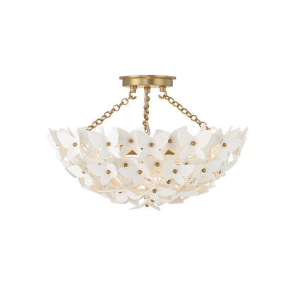 Crystorama Killian 17.25in 3-Light Semi-Flush Mount | Coastal Luxe Gold Steel and White Ceramic Butterfly | Bedroom & Bathroom Ceiling Light | Model KLN-5200-LG