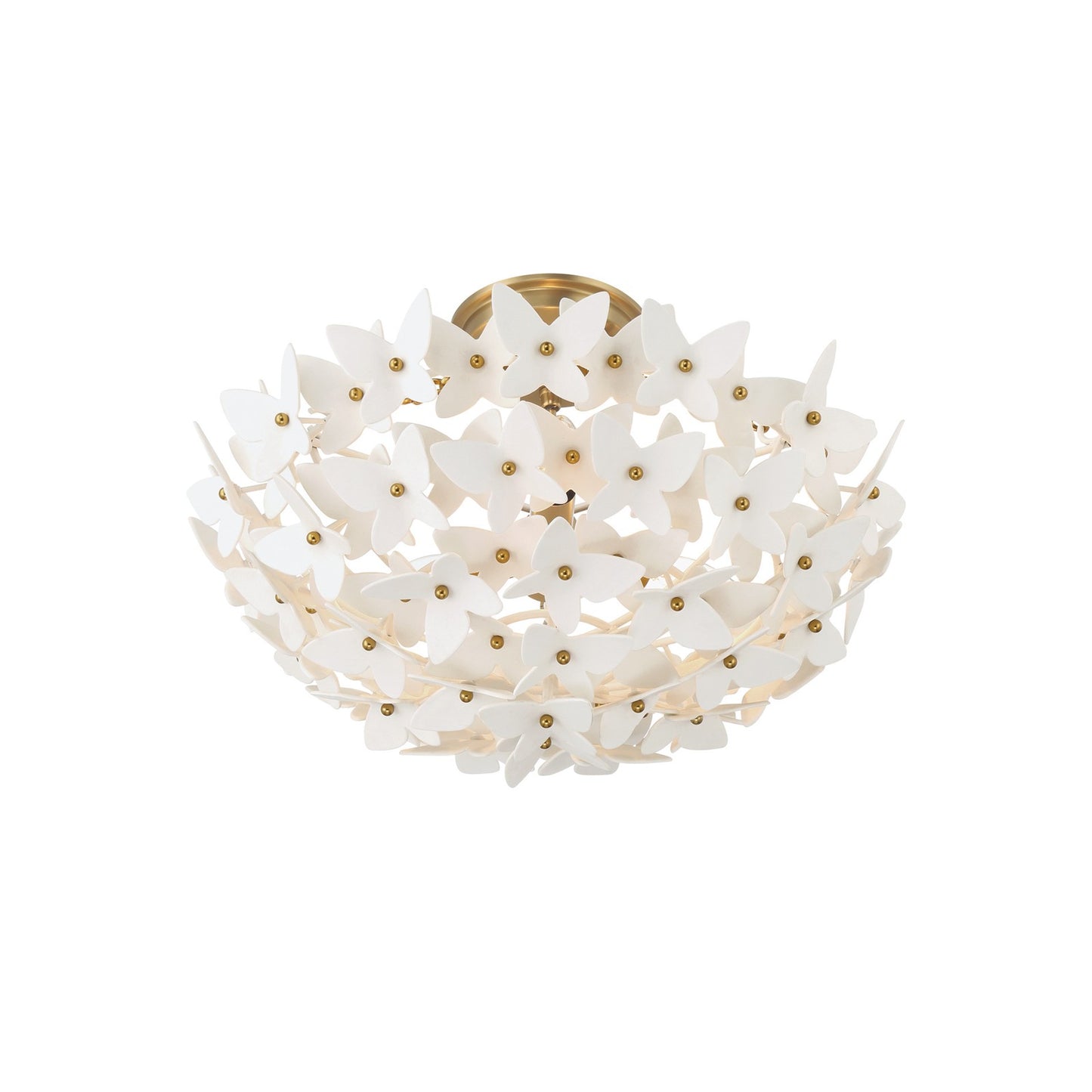 Crystorama Killian 17.25in 3-Light Semi-Flush Mount | Coastal Luxe Gold Steel and White Ceramic Butterfly | Bedroom & Bathroom Ceiling Light | Model KLN-5200-LG