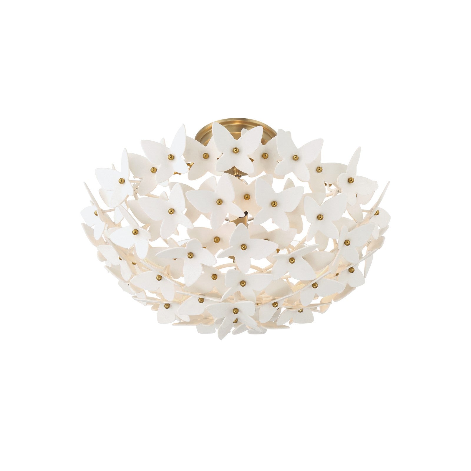 Crystorama Killian 17.25in 3-Light Semi-Flush Mount | Coastal Luxe Gold Steel and White Ceramic Butterfly | Bedroom & Bathroom Ceiling Light | Model KLN-5200-LG