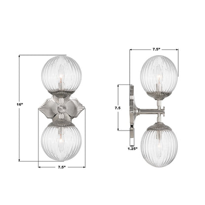 Crystorama Orly 2 Light 7.5" Sconce, Polished Nickel/Clear